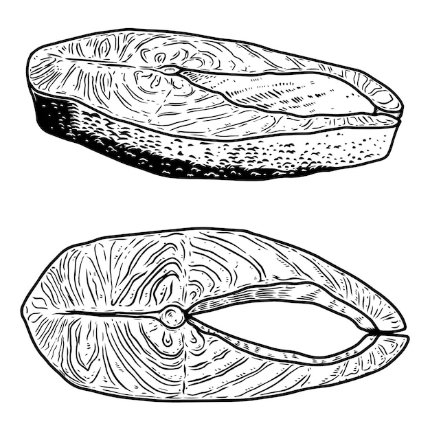 Set di illustrazione di tagli di carne di salmone in stile incisione elemento di design per il menu emblema segno etichetta poster illustrazione vettoriale