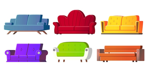 Impostare l'illustrazione di divani di varie forme e colori isolati su sfondo bianco
