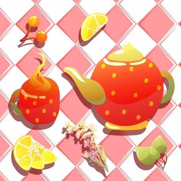 Set di illustrazione tè, tazze, teiere, fiori, limone, bacche, foglie. appartamento carino isolato