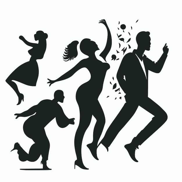 Vector set of illustration that represent different people dancing black silouhette outlines night life