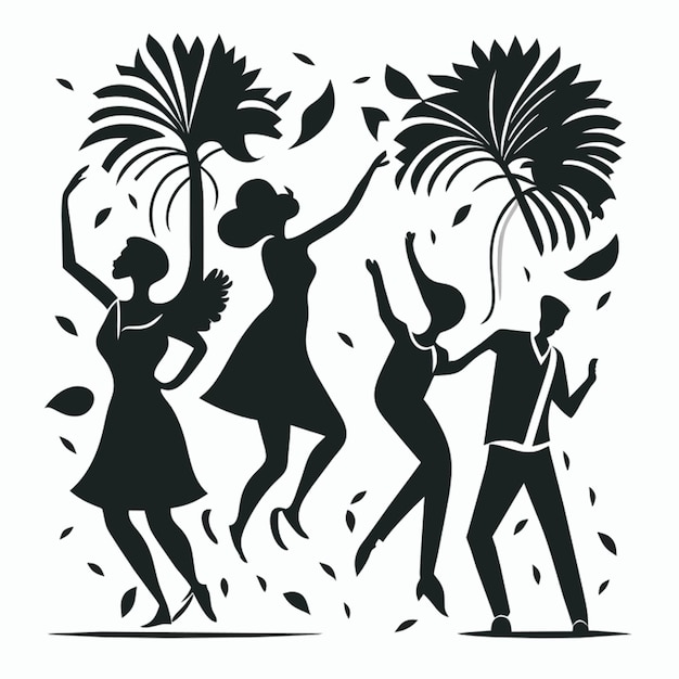 Serie di illustrazioni che rappresentano diverse persone che ballano silhouette nera delinea la vita notturna