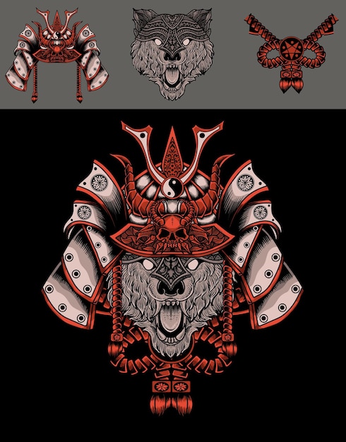 Set illustration wolf head with samurai helmet