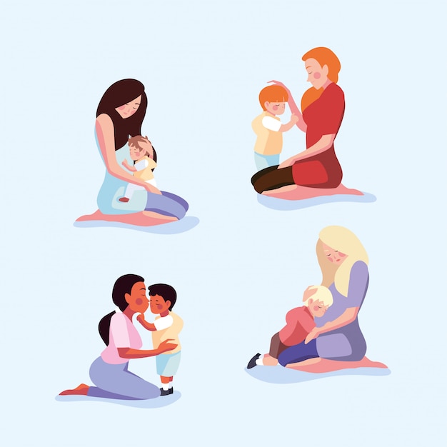 Set of illustration of woman and son, mothers day