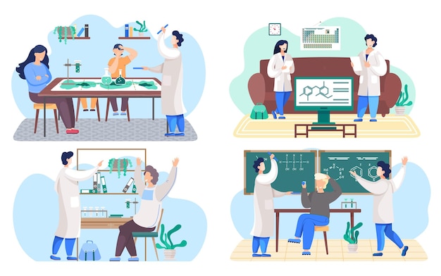 Set of illustrations about education and studying chemistry at school Teachers explain formulas on the blackboard to a student Research in the classroom Scientists collaborate during research