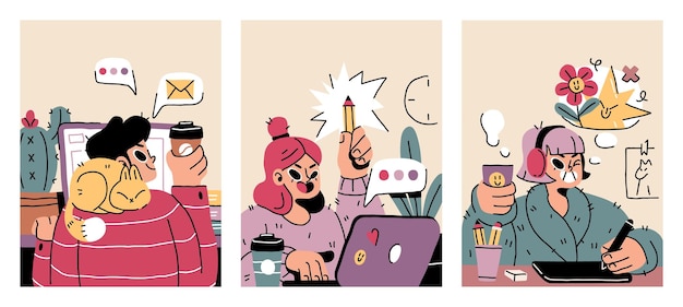 set of illustrations about remote work freelancers at work and working distantly concept