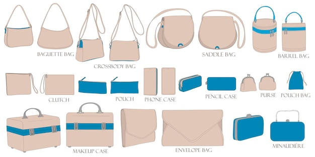 Vector set of illustrations of bags in pastel colors crossbody envelope barrel clutch purse makeup case