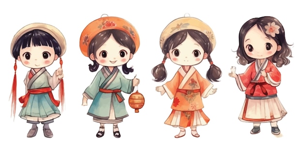 Set of illustrations of cartoon children wearing retro Chinese clothing cute children drawn in watercolor style on white background