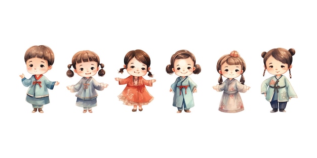 Set of illustrations of cartoon children wearing retro Chinese clothing cute children drawn in watercolor style on white background