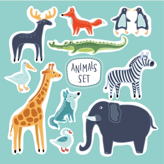 Set of illustrations of cartoon funny cute animals