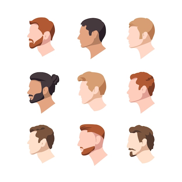 Set of illustrations of caucasian nationality male profiles Vector portraits of men in cartoon style Avatars on white background