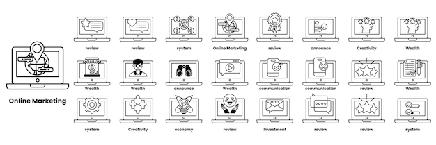 set of illustrations in the concept of computers and business objects in line art style