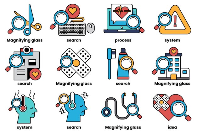 set of illustrations in the concept of medicine and science in line art style
