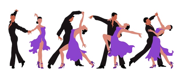A set of illustrations dancing couples a man in black and a woman in a purple dress