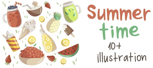 A set of illustrations dedicated to the time of summer Summer time Food in the summer