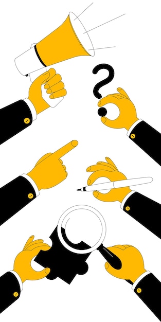 手と様々なビジネスアクセサリーを描いたイラストのセット。