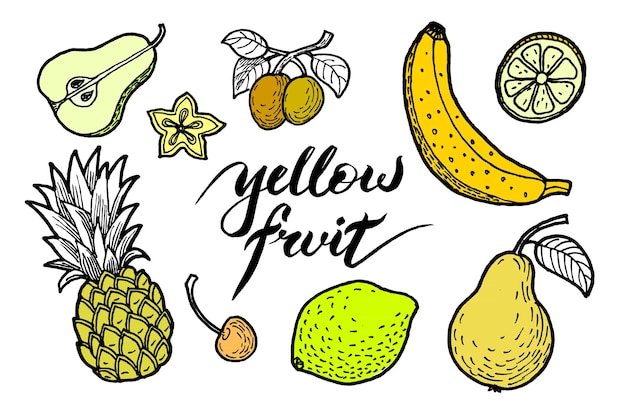 Set of illustrations of different fruits in yellow color such as pear banana pineapple lemon apricot sweet cherry and carabola