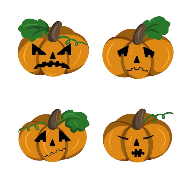 Set di illustrazioni personaggio zucca festivo zucca triste zucca arrabbiata stile piatto vettoriale cartone animato