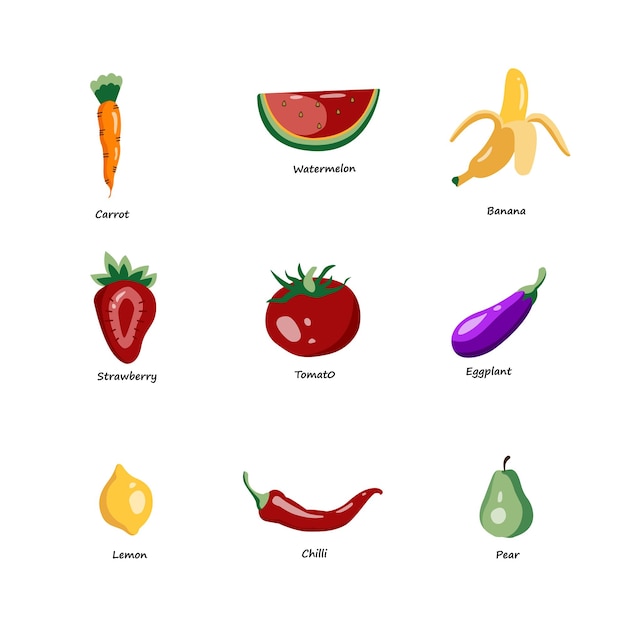 Vector set of illustrations of fruits and vegetables