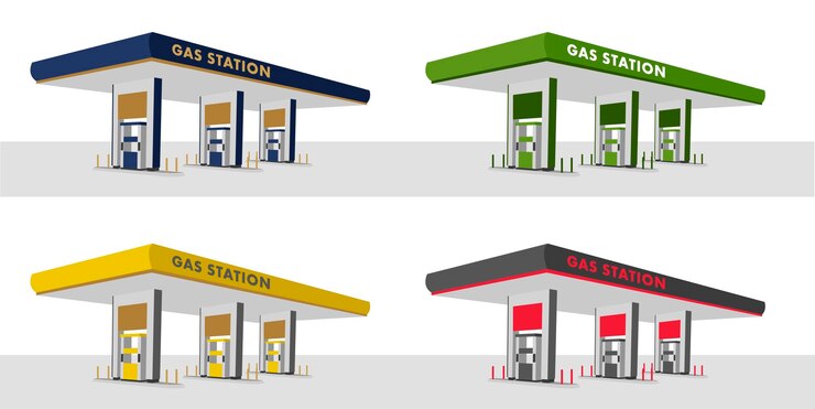 Vector set of illustrations of gas station columns in different colors transport related service