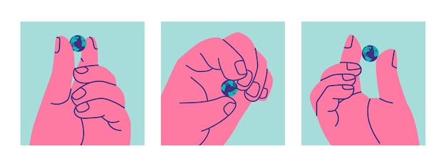 Set of illustrations of giant human hand holding the planet Earth with two fingers