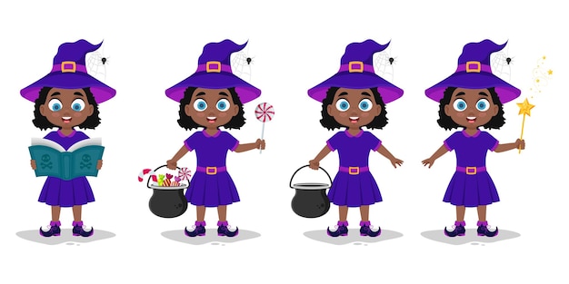 Vector set of illustrations of a girl in a witch costume