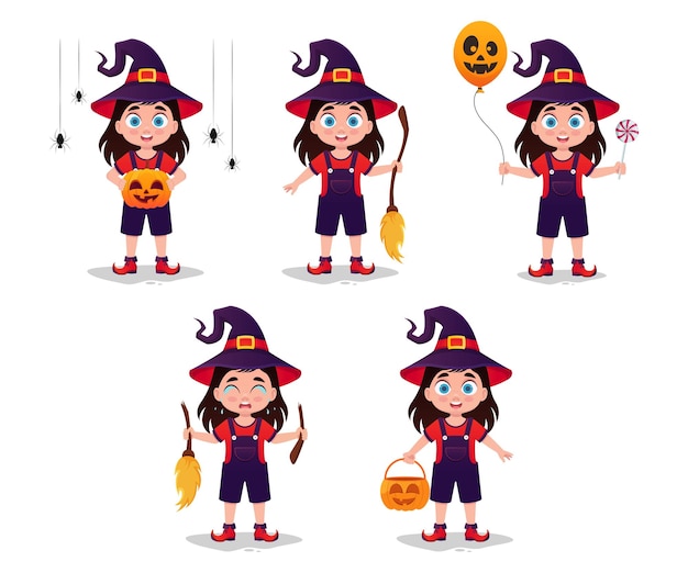 Set of illustrations of a girl in a witch costume