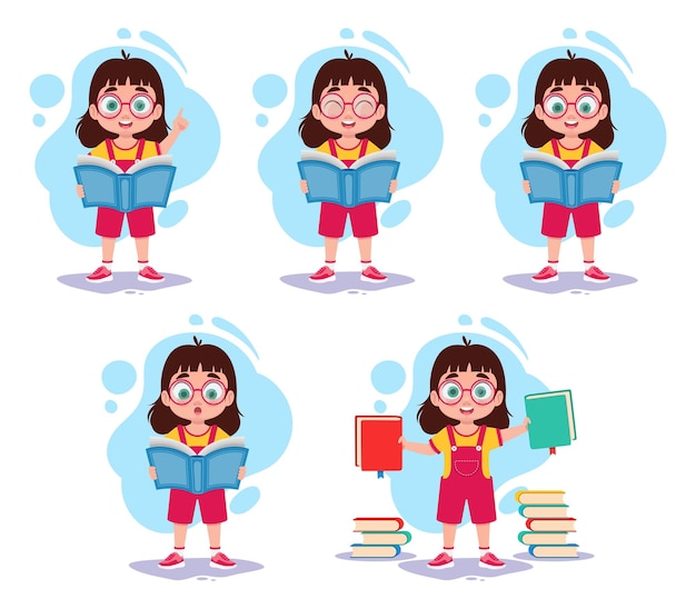 Set of illustrations of a girl with books