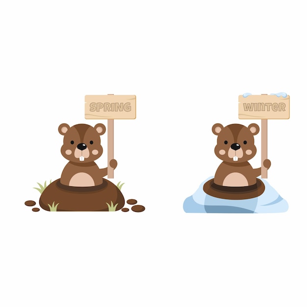 Set of illustrations Groundhog holds sign with inscription Weather prediction Winter and Spring Happy groundhog Day