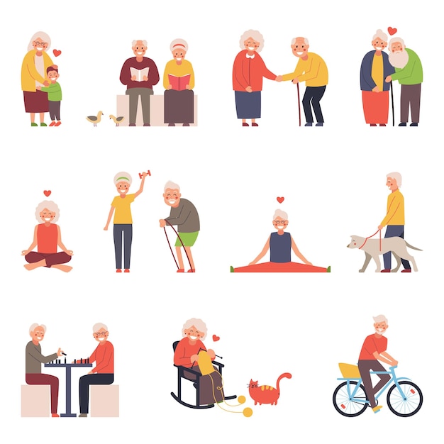 A set of illustrations of a group of old men and women in different situations. Free time for the elderly knitting, yoga, sports, socializing.