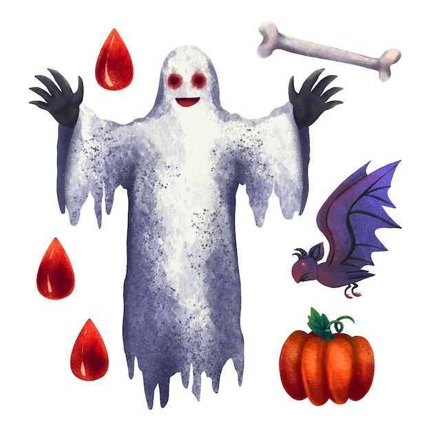 Vector a set of illustrations for halloween ghost bones blood drops bat monster