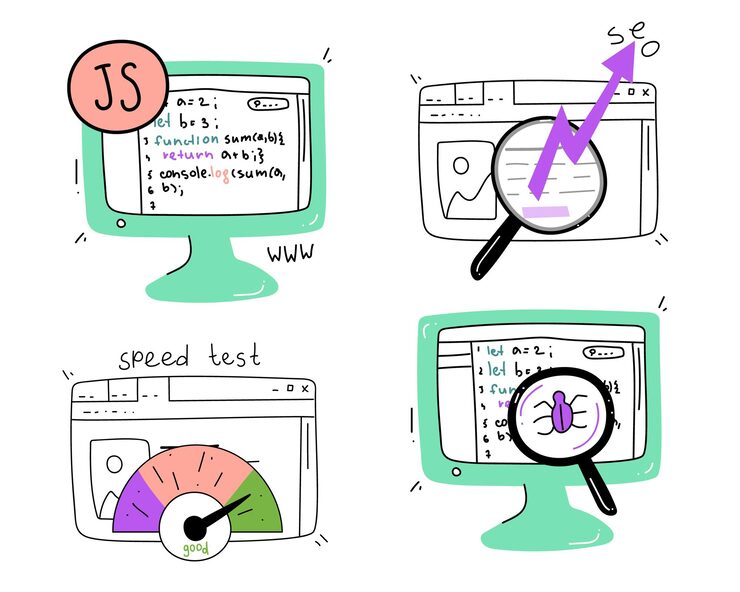 Vector a set of illustrations on information technology web development java script programming website testing website performance and seo