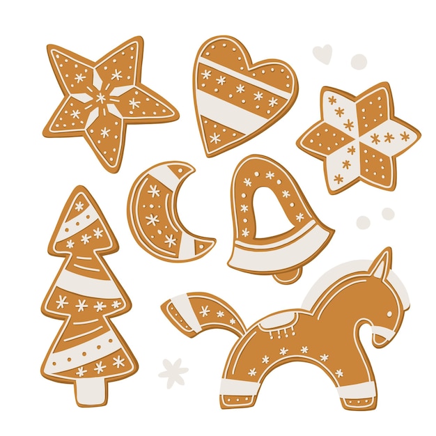 Vector a set of illustrations of new year gingerbread cakes of different shapes