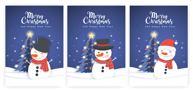 Vector set of illustrations and new year greeting cards with a cute snowman.