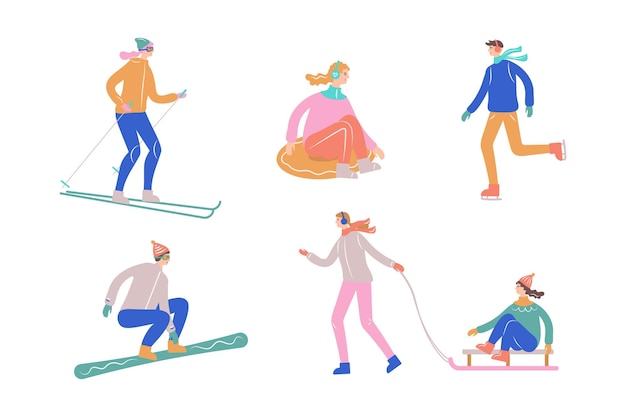 Набор иллюстраций людей, занимающихся зимними видами спорта