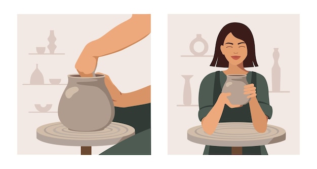 Vector set of illustrations for a pottery workshop.