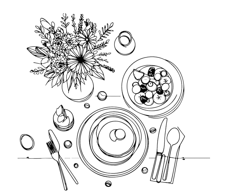 Vector set of illustrations products breakfast aesthetics one line sketch