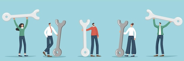 Set of illustrations of random people with wrenches Technical support and service