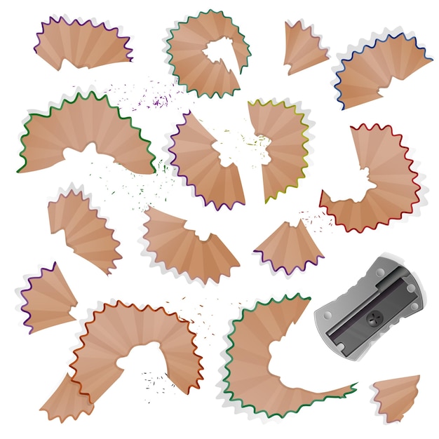 Set of   illustrations in realistic style sharpened pencil a sharpener, pencil shavings and a graphite isolated