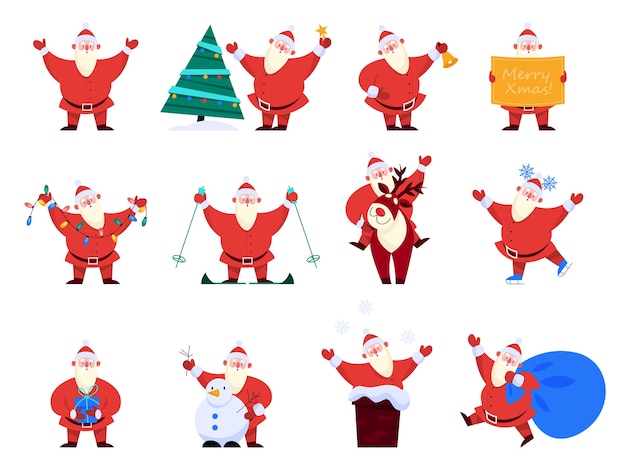 Set of  illustrations of santa claus. cartoon style happy santa holding gifts, lights. santa by christmas tree with deer.