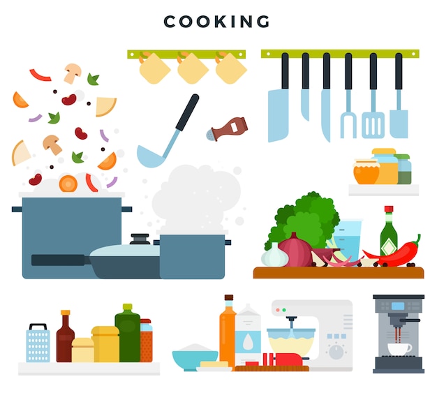 Vector set of illustrations, showing the cooking process. ingredients and kitchen utensils