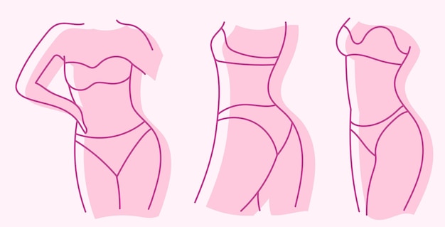 Una serie di illustrazioni di sagome del corpo femminile figura e biancheria intima linea doodle