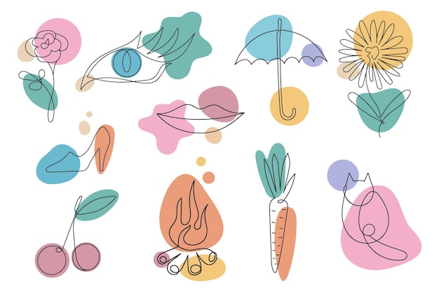A set of illustrations in the style of line art with color spots