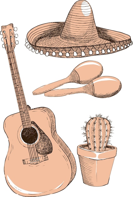 a set of illustrations in the style of a sketch on the theme of mexico