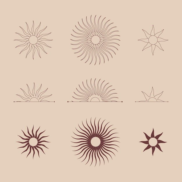 Set of Illustrations of sun in boho style, decorative elements, vector, isolated