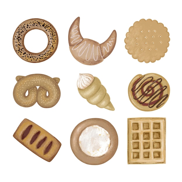 Set of illustrations of sweet pastries