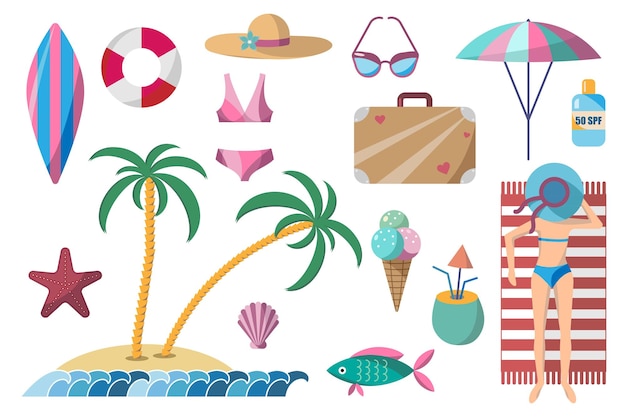 Una serie di illustrazioni sul tema di una vacanza al mare illustrazione vettoriale