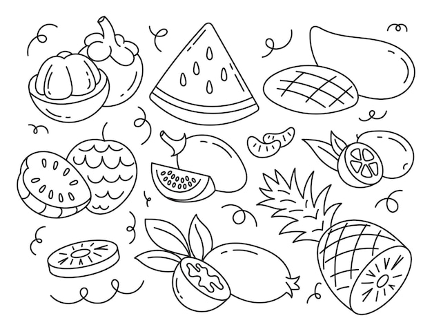 A set of illustrations of tropical exotic and garden fruits