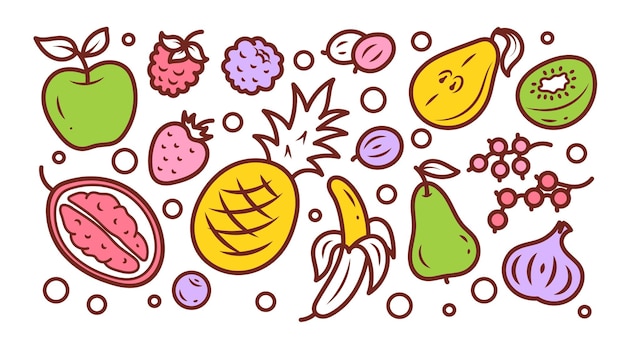 A set of illustrations of tropical exotic and garden fruits