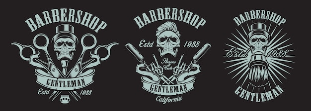 Set of illustrations in vintage style for a barber shop with skulls