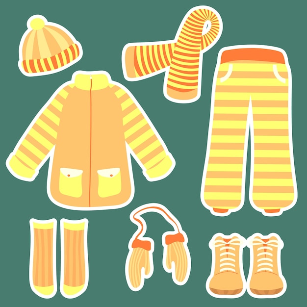 Set of illustrations of winter clothes in yellow and orange colors, flat, isolated